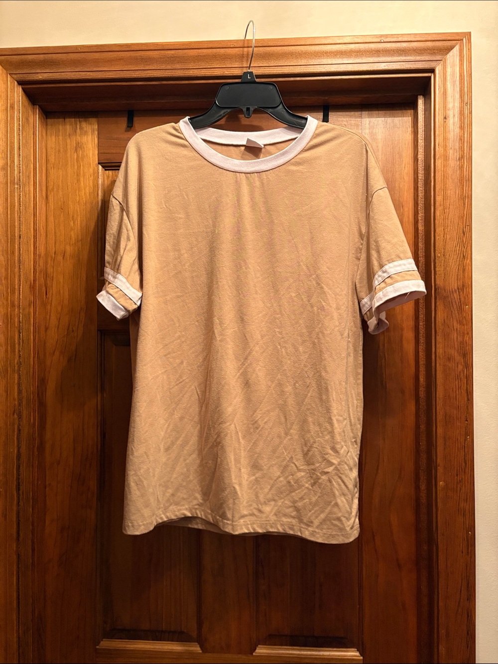 Women’s Tan Crew Neck Ringer T-Shirt with White Trim
